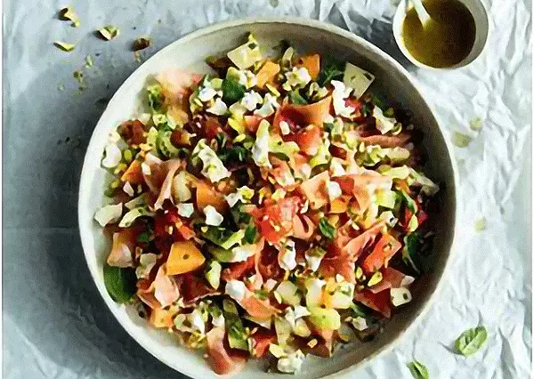 MELON & CUCUMBER WITH GOAT’S CHEESE, PISTACHIOS & MINT