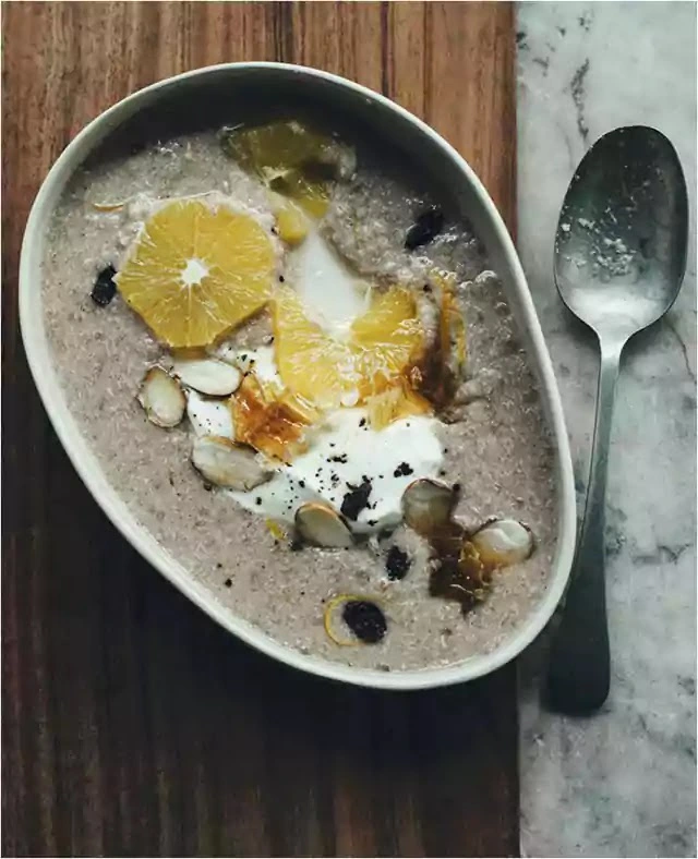 Orange-spiced quinoa porridge with honey pepper yoghurt